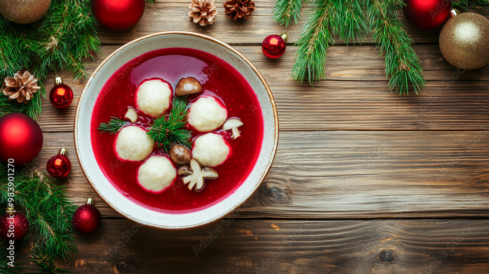 Festive Christmas beet soup with dumplings, garnished with mushrooms, and surrounded by holiday decor. Festive Christmas beet soup with dumplings, garnished with mushrooms, and surrounded by holiday decor.