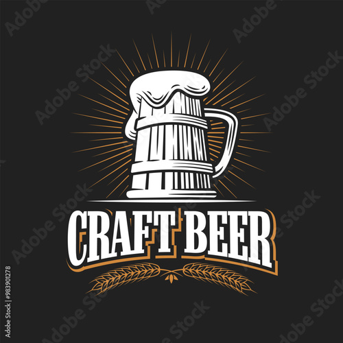 Craft beer icon on a dark background. Beer logo with a mug and barley decoration. Vintage engraved emblem for pub or bar.