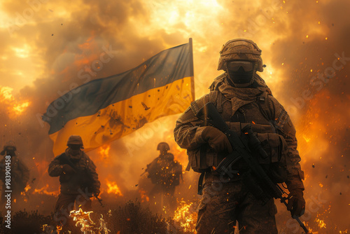 Soldiers Marching with Ukrainian Flag in Fiery Battlefield