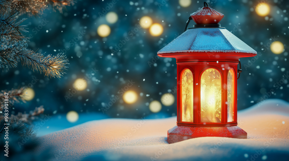 Red lantern glowing warmly in snowy winter evening with blurred lights and pine branches in the background. Red lantern glowing warmly in snowy winter evening with blurred lights and pine branches in the background.