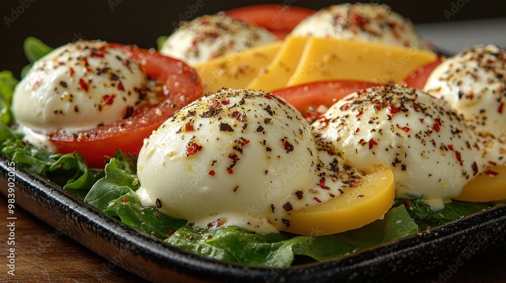 Gourmet Salad with Burrata Tomato and Cheese on a Black Plate Gourmet Salad with Burrata Tomato and Cheese on a Black Plate