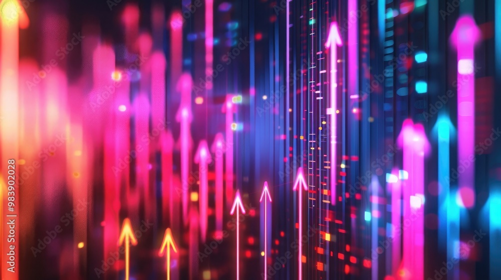 Vibrant data stream with rising and falling arrows, depicting dynamic market trends