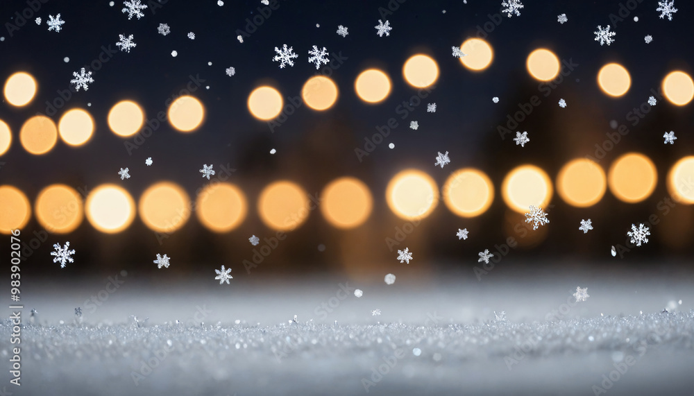 Obraz premium Blurred lights of garlands against the background of snow cover with a slight flicker of snowflakes in the air