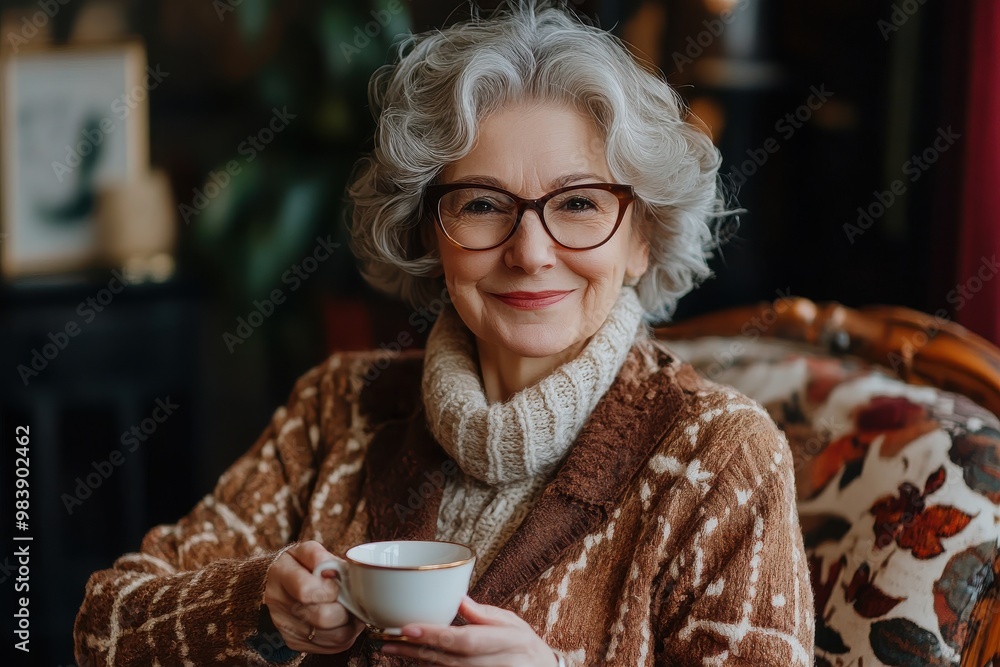 Smiling older mature elder 60s woman sitting relaxing with cup of tea Smiling older mature elder 60s woman sitting relaxing with cup of tea