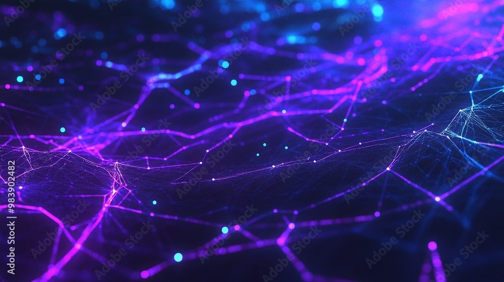 Abstract digital background featuring colorful glowing lines and dots in shades of purple and blue, resembling a network. Abstract digital background featuring colorful glowing lines and dots in shades of purple and blue, resembling a network.