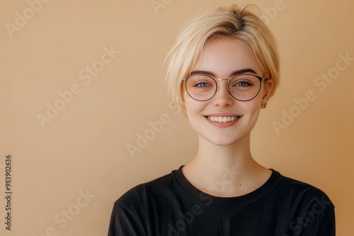 Smiling pretty gen z blonde young woman, happy college student girl with short blond