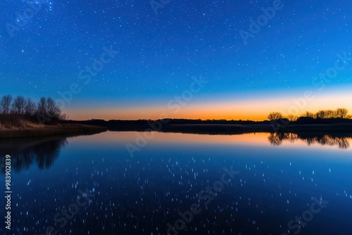 A calm lake reflecting a sky full of stars, symbolizing peace of mind and emotional serenity through therapy, mental stillness, symbolic clarity