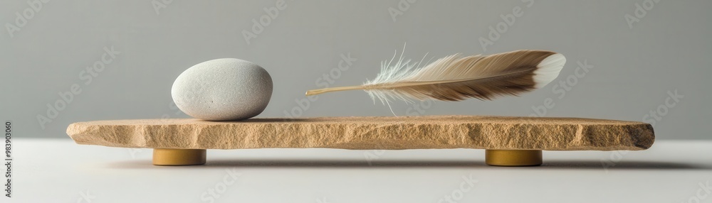 A set of scales balancing a feather and a rock, symbolizing emotional balance achieved through therapy, mental stability, symbolic calm A set of scales balancing a feather and a rock, symbolizing emotional balance achieved through therapy, mental stability, symbolic calm