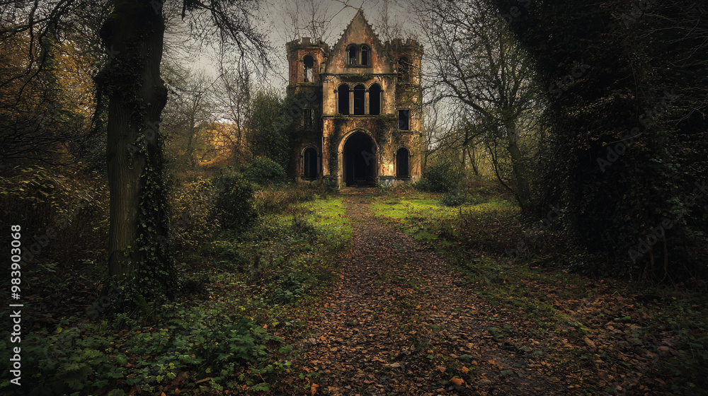 Obraz premium An abandoned castle surrounded by dark, twisted trees, with a path leading into the overgrown grounds.
