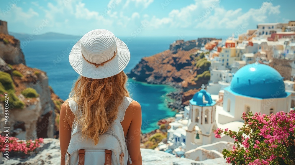 Obraz premium Beautiful Young Woman in White Hat Overlooking Santorini Island from Behind Blue Dome Houses – Travel Concept with Scenic Greek Island View