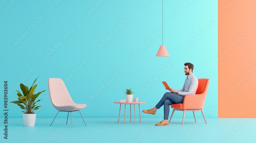 Fototapeta premium A modern interior with a man reading on an orange chair, surrounded by plants and colorful walls, perfect for decor inspiration.