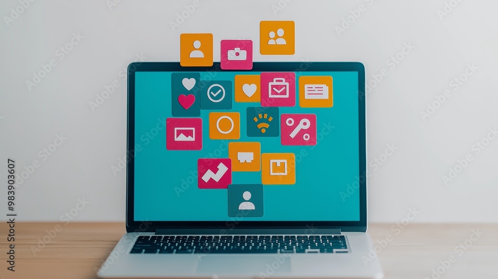 A laptop displaying colorful social media icons, symbolizing digital communication and online connection. A laptop displaying colorful social media icons, symbolizing digital communication and online connection.