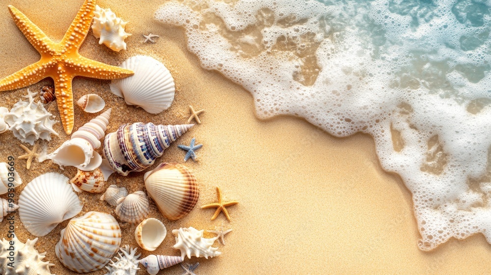 Seashells and other ocean treasures scattered on a sandy beach. Seashells and other ocean treasures scattered on a sandy beach.