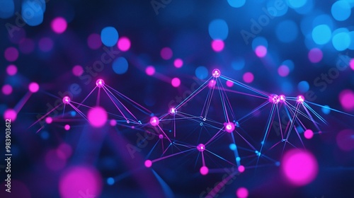 Abstract digital background with vibrant pink and blue dots connected by luminous lines, representing data flow and technology.