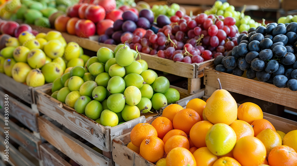 Fruit market, different fresh and delicious fruits are displayed with various varieties Fruit market, different fresh and delicious fruits are displayed with various varieties