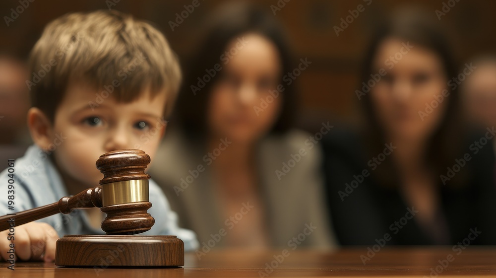 Cute child and mother at table with gavel of judge blurred in background, family law concept Cute child and mother at table with gavel of judge blurred in background, family law concept