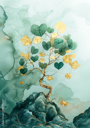 Abstract Watercolor Tree Gold Leaf Green Landscape photo