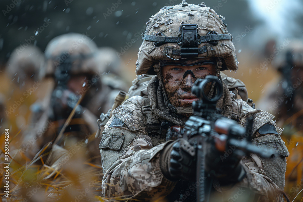 Soldier Aiming Rifle in Rain, Camouflaged Military Gear Soldier Aiming Rifle in Rain, Camouflaged Military Gear