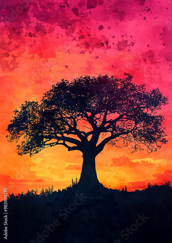 Silhouette Tree Sunset Watercolor Art photo