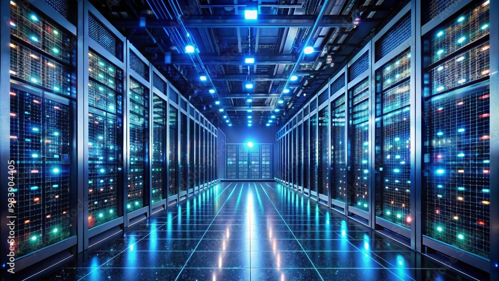 Modern Data Technology Center Server Racks in Dark Room with VFX ...