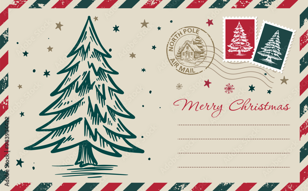 Postcard, Christmas mail, letter, hand drawn illustration.
Postcard, Christmas mail, letter, hand drawn illustration.