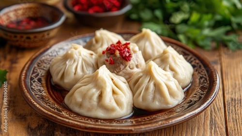 Steamed Dumplings on a Rustic Plate