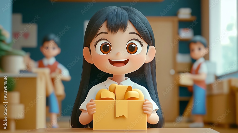 Happy cartoon girl holding a gift box surrounded by workers Happy cartoon girl holding a gift box surrounded by workers