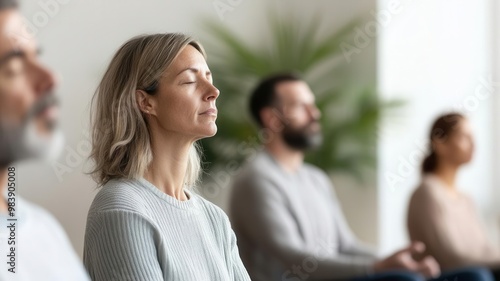 Breathwork session, group of people practicing deep breathing, soft light, calming space, group therapy, emotional balance