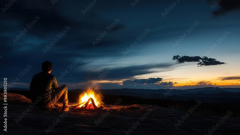 Obraz premium Person sitting peacefully by campfire, solo retreat, serene wilderness setting, night sky, nature therapy, emotional solitude