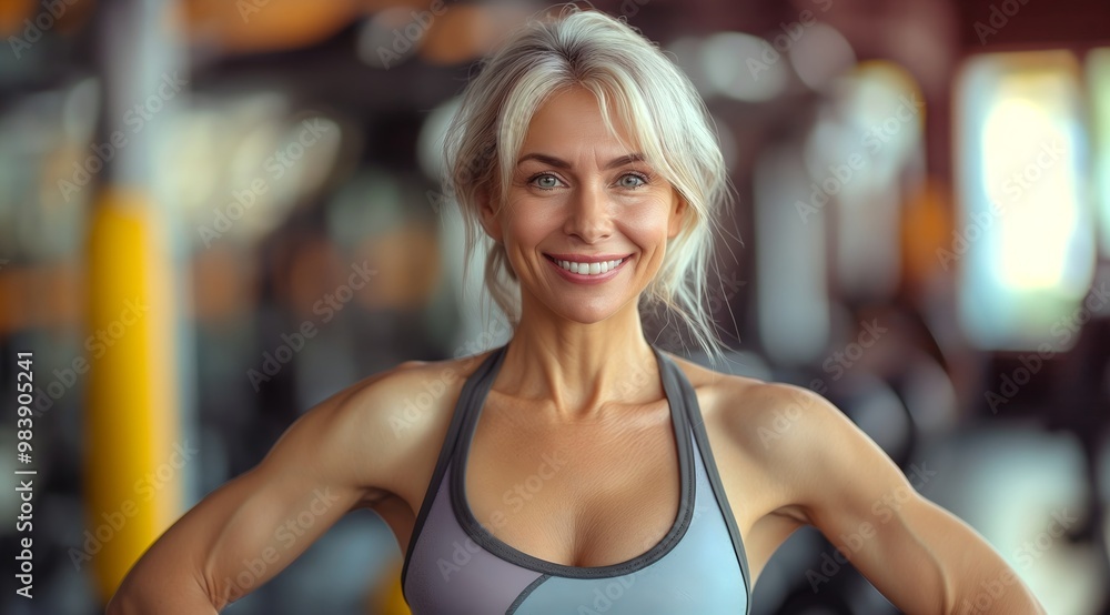 Obraz premium Beautiful senior woman with a perfect body, smiling and posing at the gym after her workout.