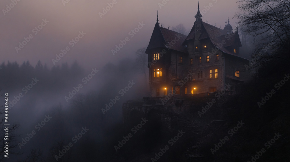 An abandoned castle on a fog-covered hill, with eerie lights flickering in the windows. An abandoned castle on a fog-covered hill, with eerie lights flickering in the windows.