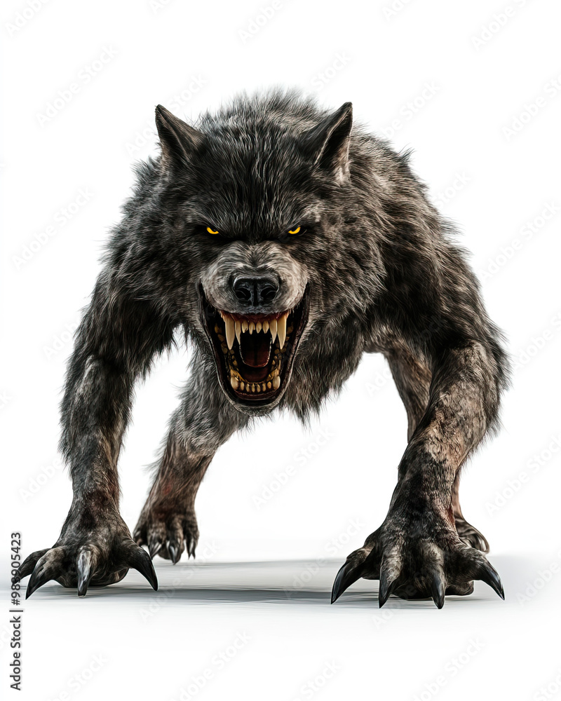 Obraz premium Fantasy Werewolf Illustration Against Isolated White Background, Mystical Creature Design