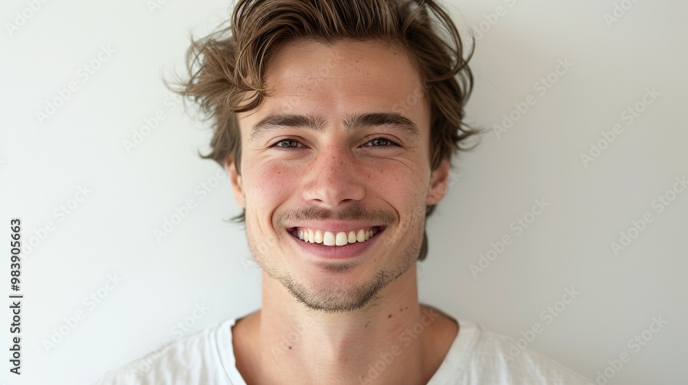 Headshot of a smiling young man looking directly at the camera, highlighting his clean teeth and friendly expression against a white backdrop. Headshot of a smiling young man looking directly at the camera, highlighting his clean teeth and friendly expression against a white backdrop.