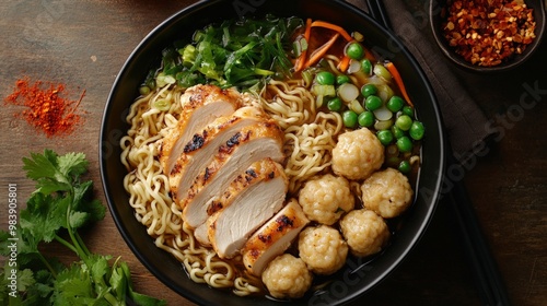 Delicious chicken ramen bowl with vegetables and dumplings photo