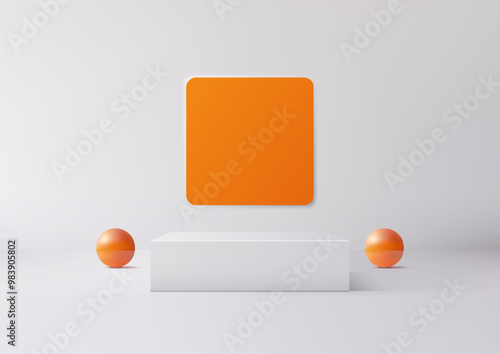 Clean and sleek minimalist scene with a white podium, bright orange spheres, and square backdrop, ideal for contemporary projects, product showcases