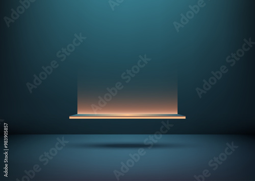 Elegant floating shelf illuminated by warm light on a dark blue background, ideal for creative projects, product showcases, interior design concepts, and minimalist style
