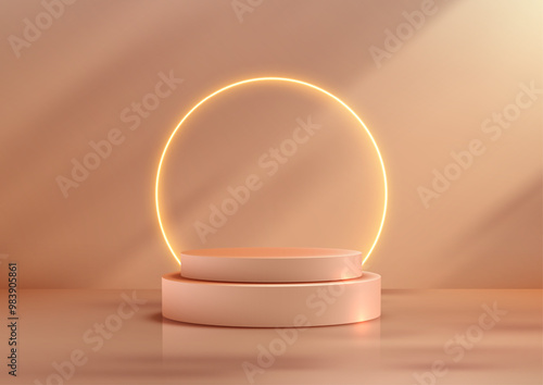 Minimalist circular podium with glowing neon ring for elegant product displays, perfect for showcasing cosmetics, jewelry, or small items in luxury retail