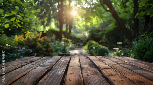 Empty wooden table on summer background with blurred green garden in the background