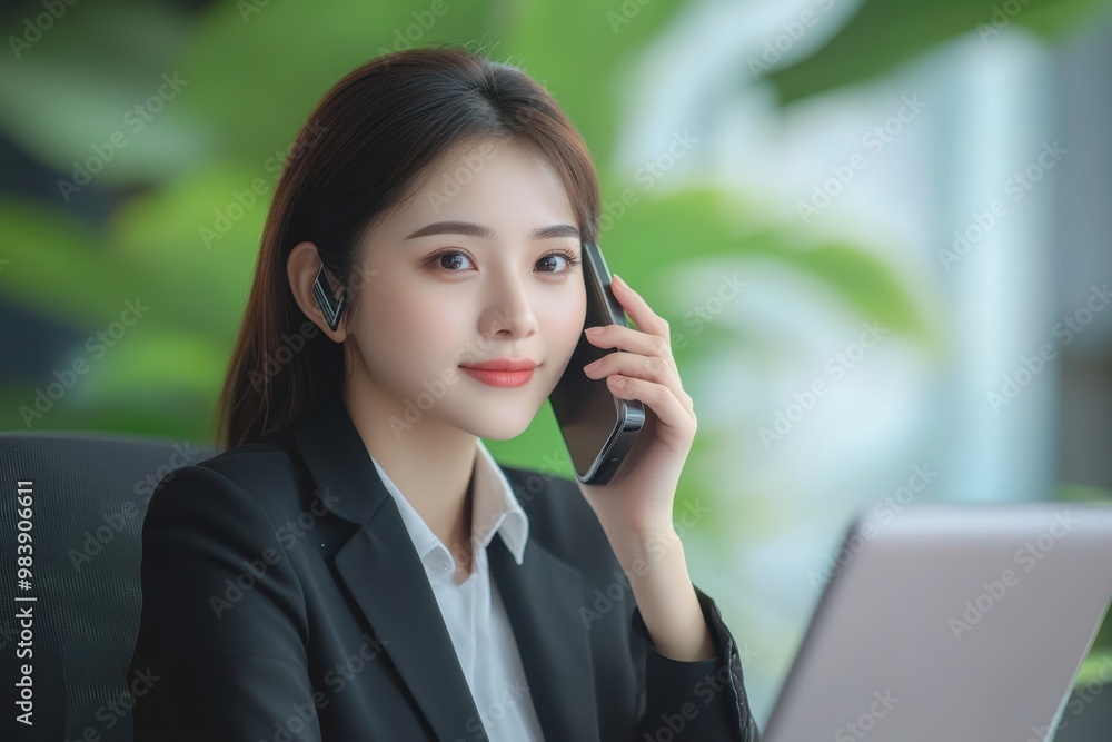 Young Asian business woman wearing suit drinking coffee using smartphone in cafe. Young Asian business woman wearing suit drinking coffee using smartphone in cafe.