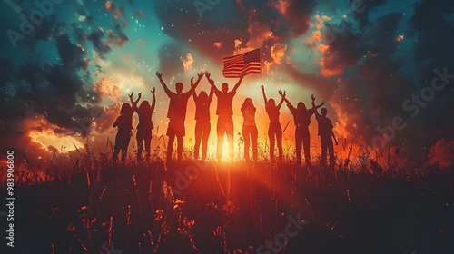 America celebrates the 4th of July. Patriotic holiday. Silhouettes of people with the US flag.