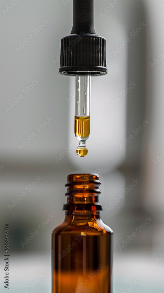 A close-up of a dropper bottle filled with a golden liquid, perfect for showcasing essential oils, serums, or other beauty products. A close-up of a dropper bottle filled with a golden liquid, perfect for showcasing essential oils, serums, or other beauty products.