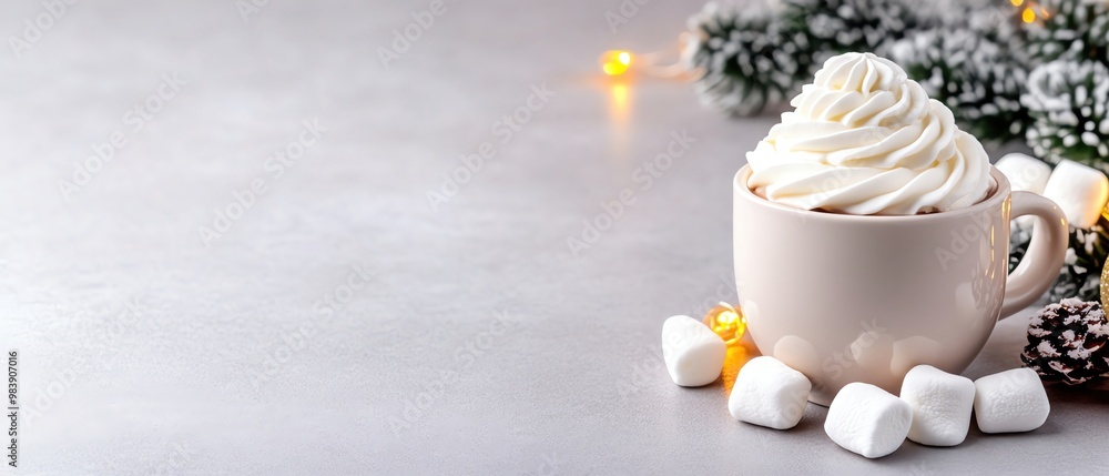 Hot chocolate with whipped cream and marshmallows in a cozy winter setting, focus on warmth and comfort, seasonal favorite Hot chocolate with whipped cream and marshmallows in a cozy winter setting, focus on warmth and comfort, seasonal favorite