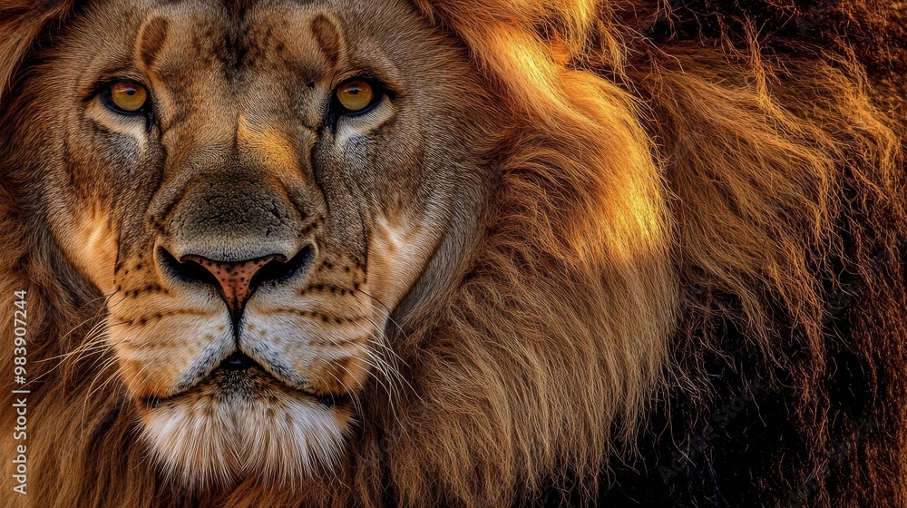 Fototapeta premium The photo shows a lion's face up close. The lion has a big, fluffy mane and looks peaceful and powerful. You can see every detail of its fur and features.