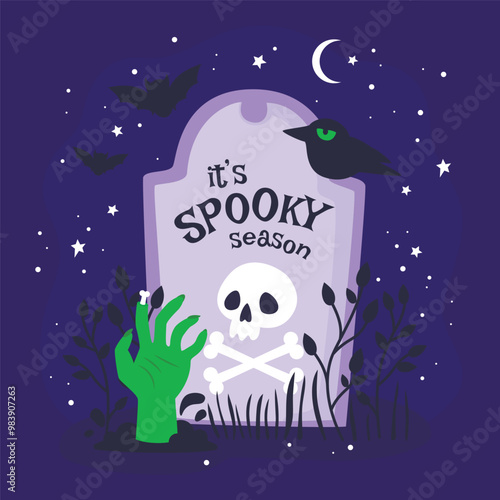 Halloween poster with a grave and a hand emerging from the ground