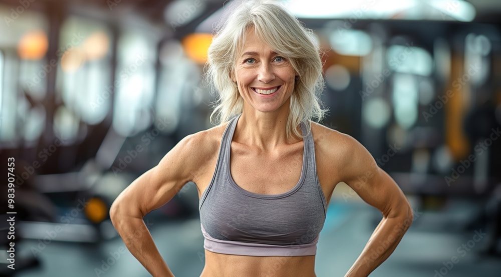 Beautiful senior woman with a perfect body, smiling and posing at the gym after her workout. Beautiful senior woman with a perfect body, smiling and posing at the gym after her workout.