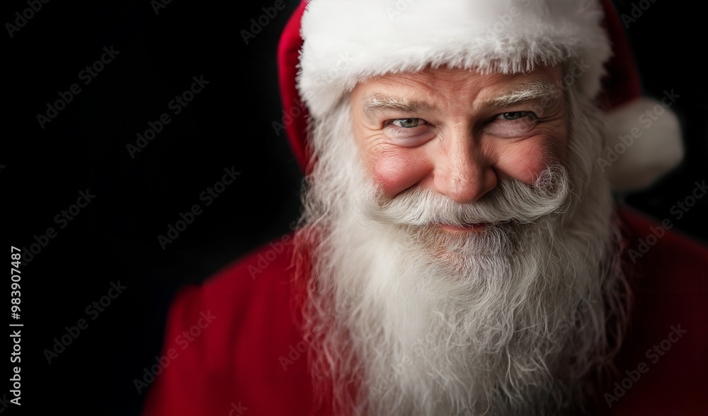 Close-up of Santa Claus with a playful, charismatic smile, dark background, humorous and festive mood, ideal for a Christmas postcard or banner, copy space, selective focus
Close-up of Santa Claus with a playful, charismatic smile, dark background, humorous and festive mood, ideal for a Christmas postcard or banner, copy space, selective focus