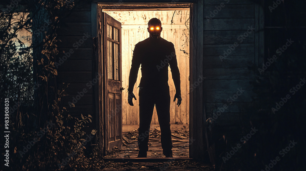 Obraz premium A zombie with glowing eyes standing in the doorway of an abandoned farmhouse, staring at the viewer.