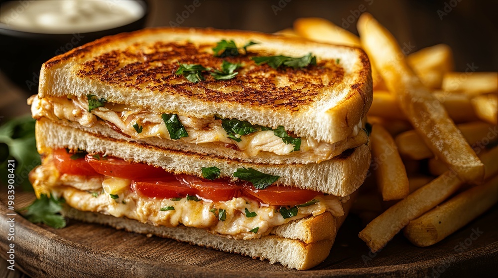 Grilled Chicken and Tomato Sandwich with French Fries Grilled Chicken and Tomato Sandwich with French Fries