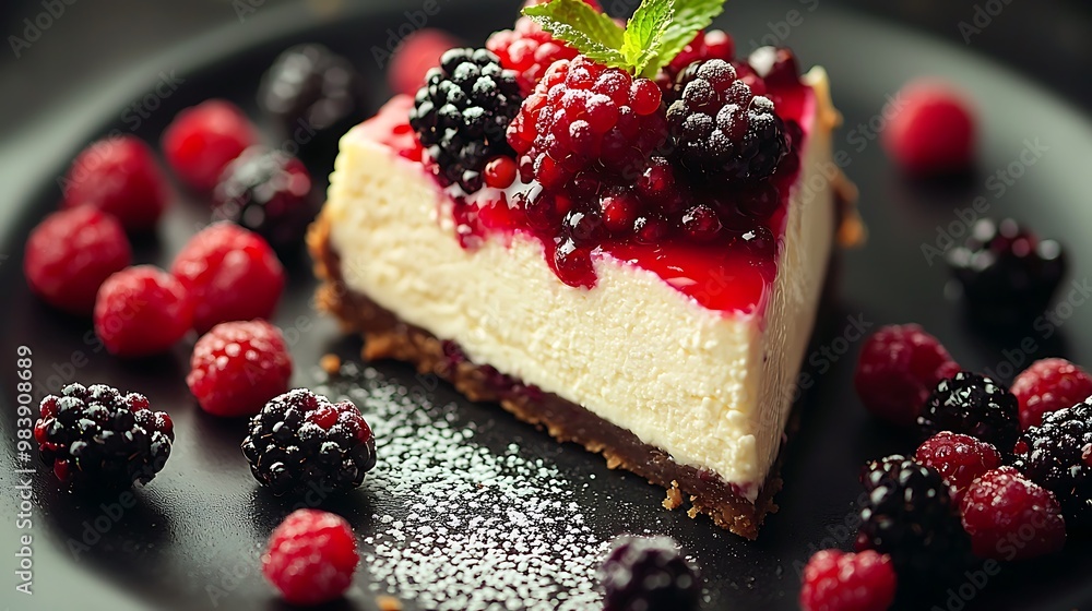 Delight in this delicious slice of cheesecake topped with fresh blackberries and raspberries, beautifully presented on dark plate. vibrant colors and textures create an inviting dessert experience. Delight in this delicious slice of cheesecake topped with fresh blackberries and raspberries, beautifully presented on dark plate. vibrant colors and textures create an inviting dessert experience.
