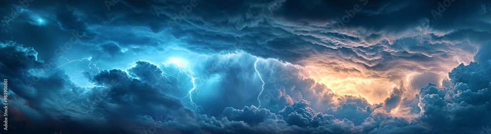 Obraz premium Dramatic sky with thunderstorm clouds and vibrant lightning at sunset